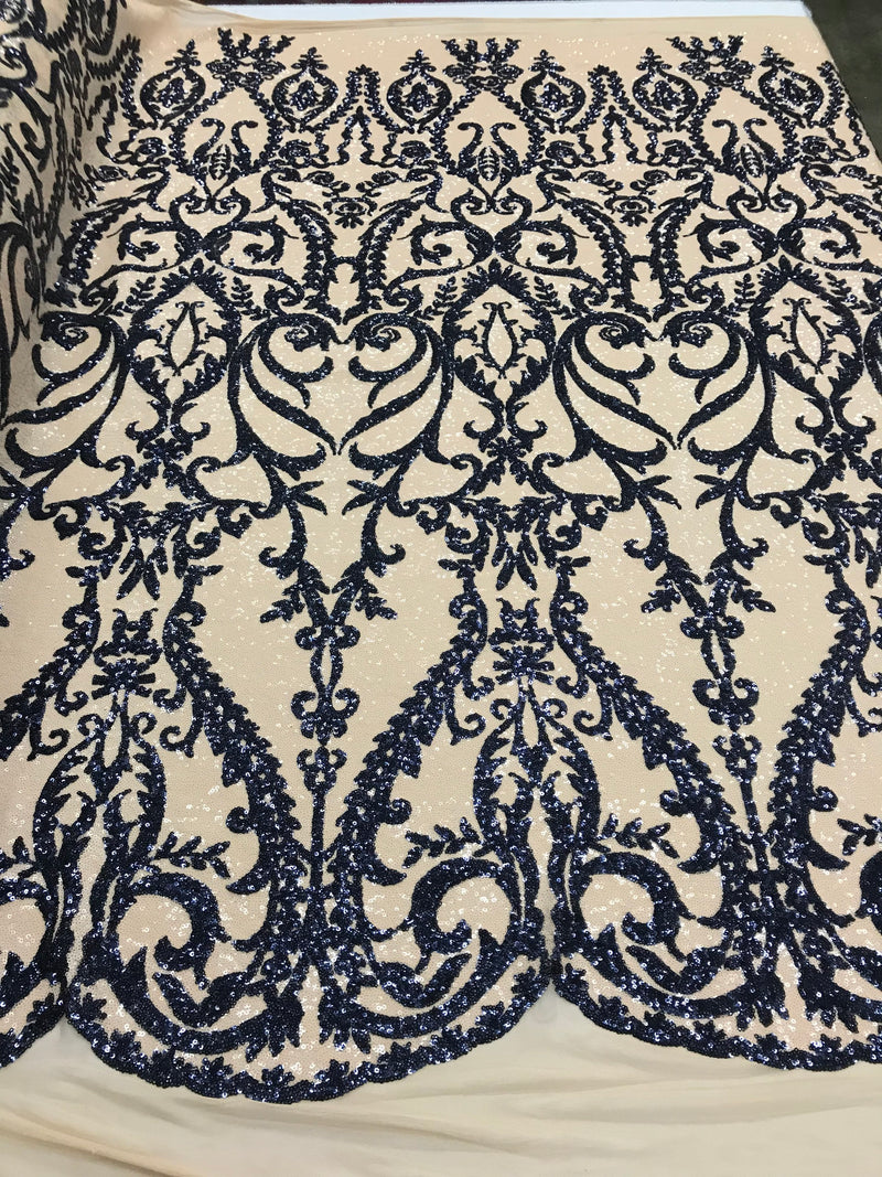 Two Tone Navy Sequins Lace Fabric On Mesh Damask Design Embroidered On 4way Stretch Sequin By The Yard -Prom-Gown ( Choose The Size )