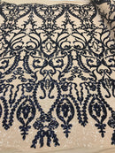 Two Tone Navy Sequins Lace Fabric On Mesh Damask Design Embroidered On 4way Stretch Sequin By The Yard -Prom-Gown ( Choose The Size )