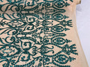 Two Tone Teal Green Sequins Lace Fabric On Mesh Damask Design Embroidered On 4way Stretch Sequin By The Yard -Prom-Gown ( Choose The Size )