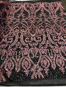 Two Tone Dusty Rose Sequins Lace Fabric On Mesh Damask Design Embroidered On 4way Stretch Sequin By The Yard -Prom-Gown ( Choose The Size )