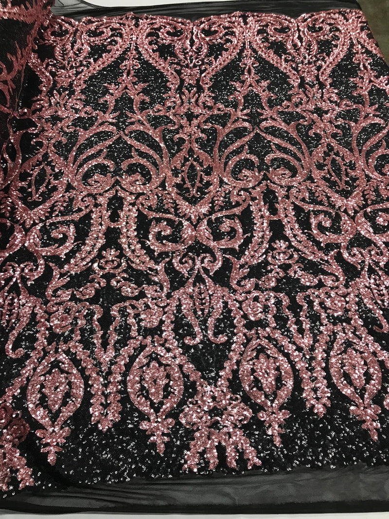 Two Tone Dusty Rose Sequins Lace Fabric On Mesh Damask Design Embroidered On 4way Stretch Sequin By The Yard -Prom-Gown ( Choose The Size )