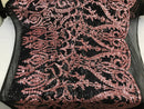 Two Tone Dusty Rose Sequins Lace Fabric On Mesh Damask Design Embroidered On 4way Stretch Sequin By The Yard -Prom-Gown ( Choose The Size )