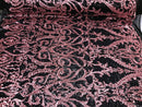 Two Tone Dusty Rose Sequins Lace Fabric On Mesh Damask Design Embroidered On 4way Stretch Sequin By The Yard -Prom-Gown ( Choose The Size )