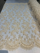 Beige Floral Lace Fabric, Embroidery With Sequins on a Mesh Lace Fabric By The Yard For Gown, Wedding-Bridal (Choose The Quantity)