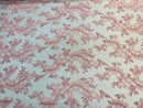 Pink Floral Lace Fabric, Embroidery With Sequins on a Mesh Lace Fabric By The Yard For Gown, Wedding-Bridal (Choose The Quantity)