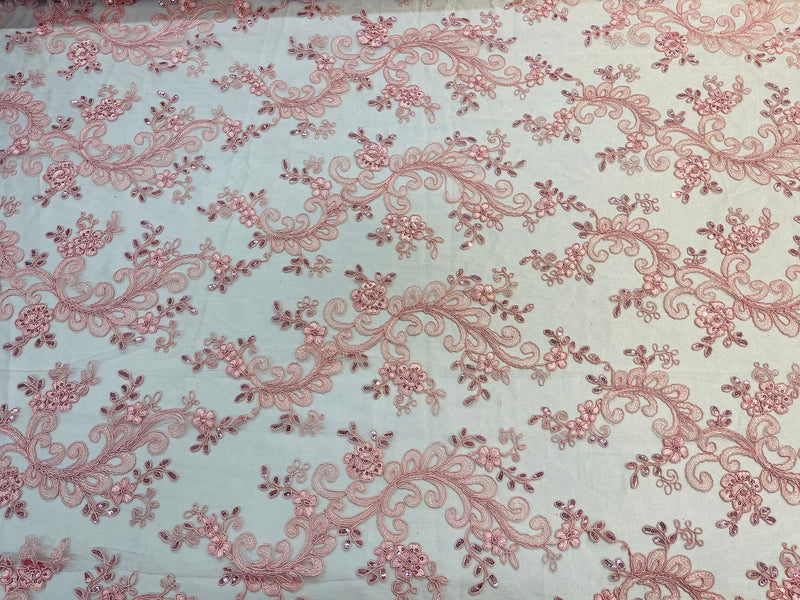 Pink Floral Lace Fabric, Embroidery With Sequins on a Mesh Lace Fabric By The Yard For Gown, Wedding-Bridal (Choose The Quantity)