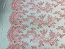 Pink Floral Lace Fabric, Embroidery With Sequins on a Mesh Lace Fabric By The Yard For Gown, Wedding-Bridal (Choose The Quantity)