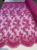 Fuchsia Floral Lace Fabric, Embroidery With Sequins on a Mesh Lace Fabric By The Yard For Gown, Wedding-Bridal (Choose The Quantity)