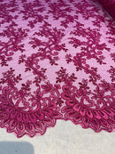 Fuchsia Floral Lace Fabric, Embroidery With Sequins on a Mesh Lace Fabric By The Yard For Gown, Wedding-Bridal (Choose The Quantity)