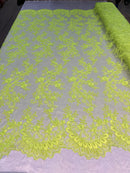 Neon Lime Green Floral Lace Fabric, Embroidery With Sequins on a Mesh Lace Fabric By The Yard For Gown, Wedding-Bridal (Choose The Quantity)