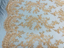 Lt Peach Floral Lace Fabric, Embroidery With Sequins on a Mesh Lace Fabric By The Yard For Gown, Wedding-Bridal (Choose The Quantity)