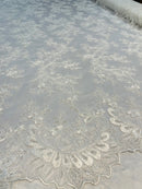 Ivory Lace Floral Lace Fabric, Embroidery With Sequins on a Mesh Lace Fabric By The Yard For Gown, Wedding-Bridal (Choose The Quantity)