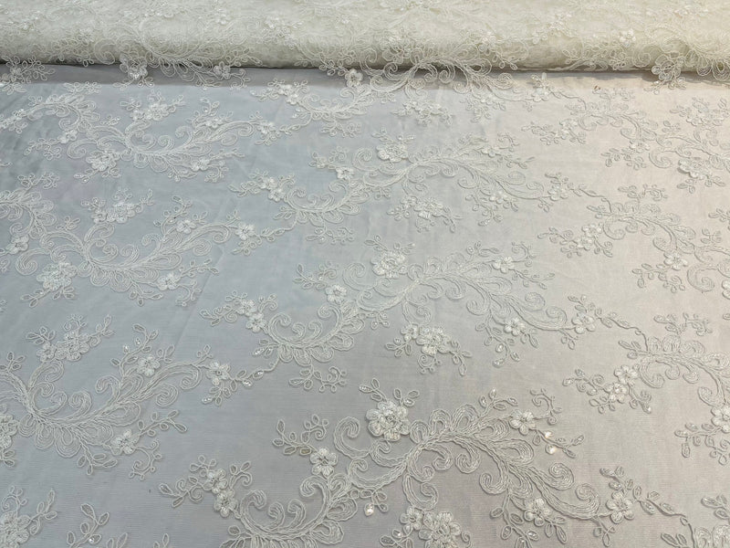 Ivory Lace Floral Lace Fabric, Embroidery With Sequins on a Mesh Lace Fabric By The Yard For Gown, Wedding-Bridal (Choose The Quantity)