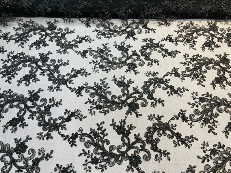 Black Lace, Floral Lace Fabric, Embroidery With Sequins on a Mesh Lace Fabric By The Yard For Gown, Wedding-Bridal (Choose The Quantity)