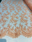 Peach Lace, Floral Lace Fabric, Embroidery With Sequins on a Mesh Lace Fabric By The Yard For Gown, Wedding-Bridal (Choose The Quantity)