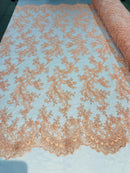 Peach Lace, Floral Lace Fabric, Embroidery With Sequins on a Mesh Lace Fabric By The Yard For Gown, Wedding-Bridal (Choose The Quantity)