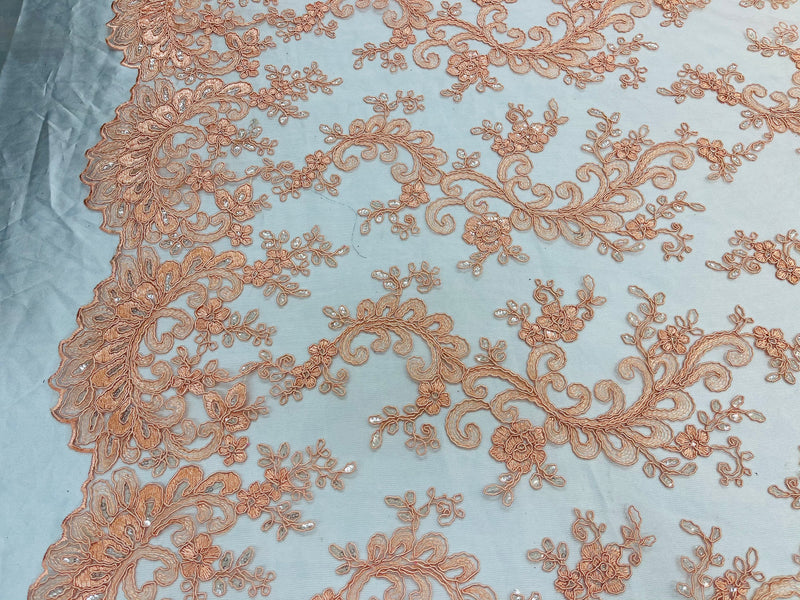 Peach Lace, Floral Lace Fabric, Embroidery With Sequins on a Mesh Lace Fabric By The Yard For Gown, Wedding-Bridal (Choose The Quantity)