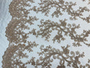 Coffee Lace, Floral Lace Fabric, Embroidery With Sequins on a Mesh Lace Fabric By The Yard For Gown, Wedding-Bridal (Choose The Quantity)