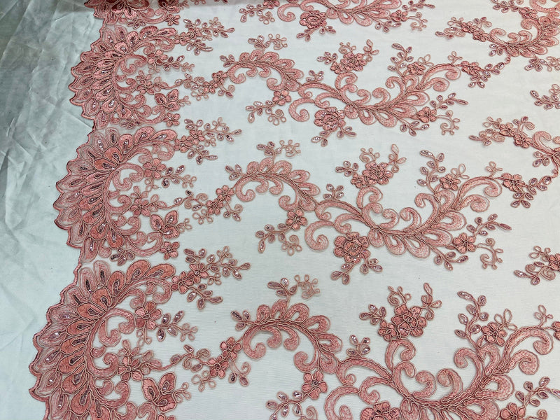 Dusty Rose - Floral Lace Fabric, Embroidery With Sequins on a Mesh Lace Fabric By The Yard For Gown, Wedding-Bridal (Choose The Quantity)