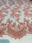 Dusty Rose - Floral Lace Fabric, Embroidery With Sequins on a Mesh Lace Fabric By The Yard For Gown, Wedding-Bridal (Choose The Quantity)