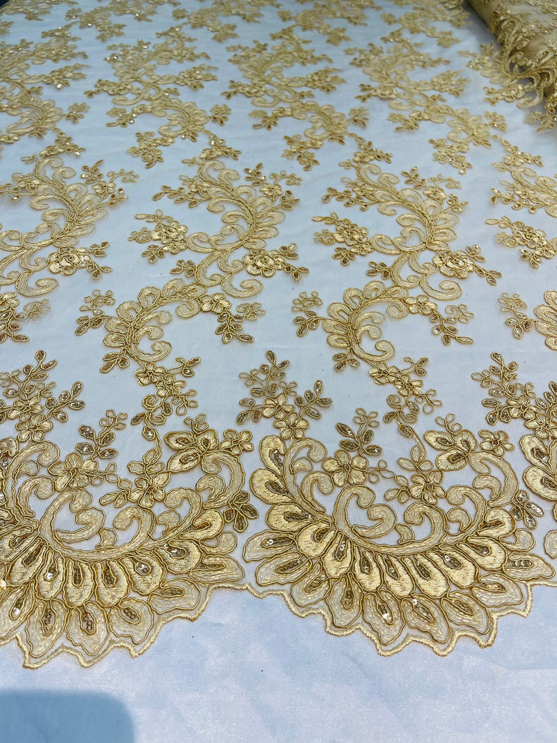 Gold Lace - Floral Lace Fabric, Embroidery With Sequins on a Mesh Lace Fabric By The Yard For Gown, Wedding-Bridal (Choose The Quantity)