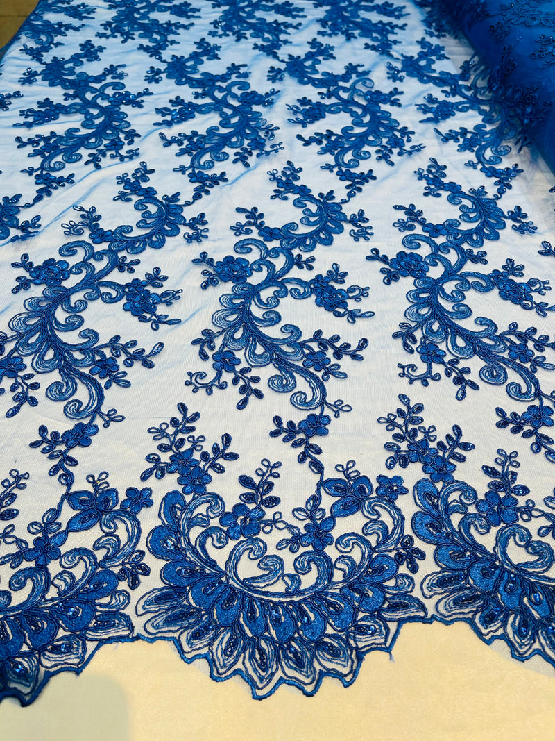 Royal Blue - Floral Lace Fabric, Embroidery With Sequins on a Mesh Lace Fabric By The Yard For Gown, Wedding-Bridal (Choose The Quantity)
