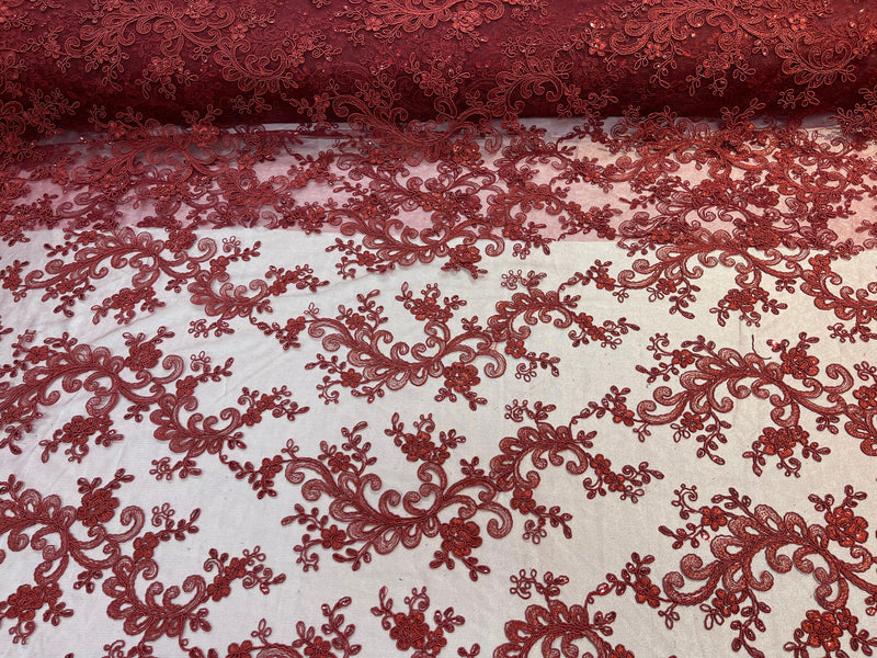 Burgundy - Floral Lace Fabric, Embroidery With Sequins on a Mesh Lace Fabric By The Yard For Gown, Wedding-Bridal (Choose The Quantity)