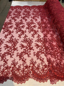 Burgundy - Floral Lace Fabric, Embroidery With Sequins on a Mesh Lace Fabric By The Yard For Gown, Wedding-Bridal (Choose The Quantity)
