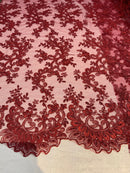 Burgundy - Floral Lace Fabric, Embroidery With Sequins on a Mesh Lace Fabric By The Yard For Gown, Wedding-Bridal (Choose The Quantity)