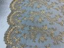 Gold Lace - Floral Lace Fabric, Embroidery With Sequins on a Mesh Lace Fabric By The Yard For Gown, Wedding-Bridal (Choose The Quantity)