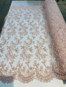 Blush Lace - Floral Lace Fabric, Embroidery With Sequins on a Mesh Lace Fabric By The Yard For Gown, Wedding-Bridal (Choose The Quantity)