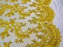 Yellow Lace - Floral Lace Fabric, Embroidery With Sequins on a Mesh Lace Fabric By The Yard For Gown, Wedding-Bridal (Choose The Quantity)