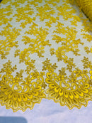 Yellow Lace - Floral Lace Fabric, Embroidery With Sequins on a Mesh Lace Fabric By The Yard For Gown, Wedding-Bridal (Choose The Quantity)