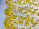Yellow Lace - Floral Lace Fabric, Embroidery With Sequins on a Mesh Lace Fabric By The Yard For Gown, Wedding-Bridal (Choose The Quantity)