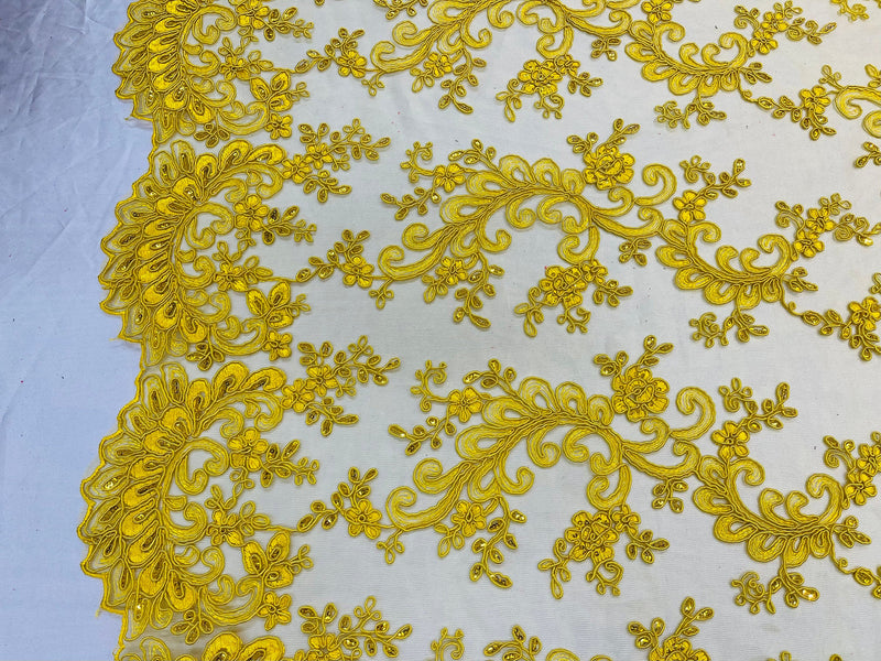 Yellow Lace - Floral Lace Fabric, Embroidery With Sequins on a Mesh Lace Fabric By The Yard For Gown, Wedding-Bridal (Choose The Quantity)