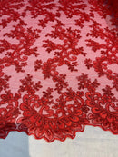 Red Lace - Floral Lace Fabric, Embroidery With Sequins on a Mesh Lace Fabric By The Yard For Gown, Wedding-Bridal (Choose The Quantity)