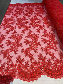 Red Lace - Floral Lace Fabric, Embroidery With Sequins on a Mesh Lace Fabric By The Yard For Gown, Wedding-Bridal (Choose The Quantity)
