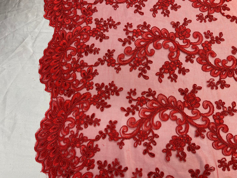 Red Lace - Floral Lace Fabric, Embroidery With Sequins on a Mesh Lace Fabric By The Yard For Gown, Wedding-Bridal (Choose The Quantity)