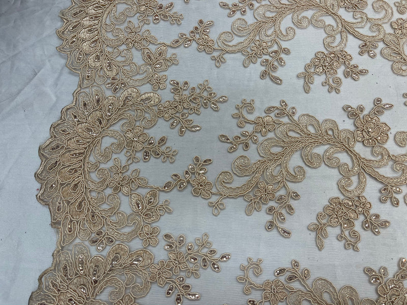 Lt Champagne - Floral Lace Fabric, Embroidery With Sequins on a Mesh Lace Fabric By The Yard For Gown, Wedding-Bridal (Choose The Quantity)