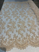 Lt Champagne - Floral Lace Fabric, Embroidery With Sequins on a Mesh Lace Fabric By The Yard For Gown, Wedding-Bridal (Choose The Quantity)