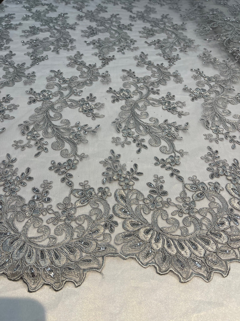 Silver Lace - Floral Lace Fabric, Embroidery With Sequins on a Mesh Lace Fabric By The Yard For Gown, Wedding-Bridal (Choose The Quantity)