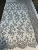 Silver Lace - Floral Lace Fabric, Embroidery With Sequins on a Mesh Lace Fabric By The Yard For Gown, Wedding-Bridal (Choose The Quantity)