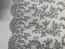 Silver Lace - Floral Lace Fabric, Embroidery With Sequins on a Mesh Lace Fabric By The Yard For Gown, Wedding-Bridal (Choose The Quantity)