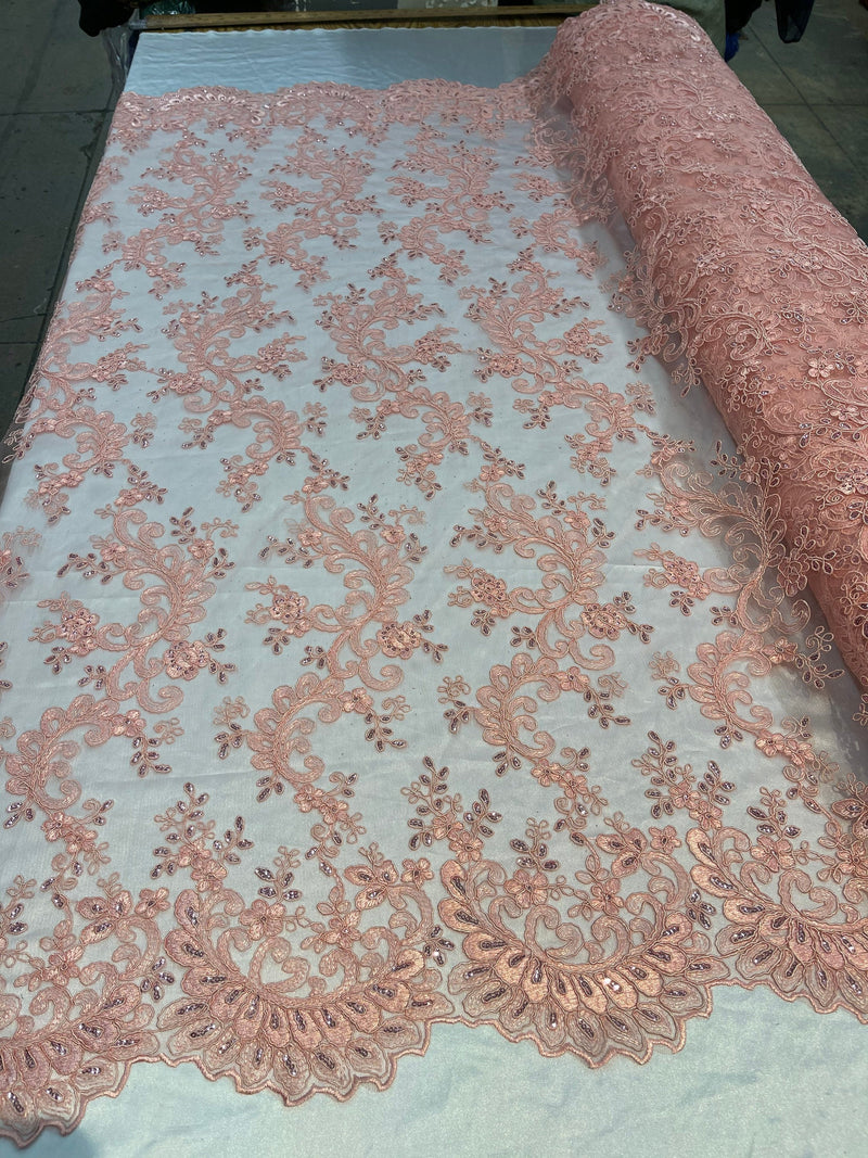 Coral Lace - Floral Lace Fabric, Embroidery With Sequins on a Mesh Lace Fabric By The Yard For Gown, Wedding-Bridal (Choose The Quantity)