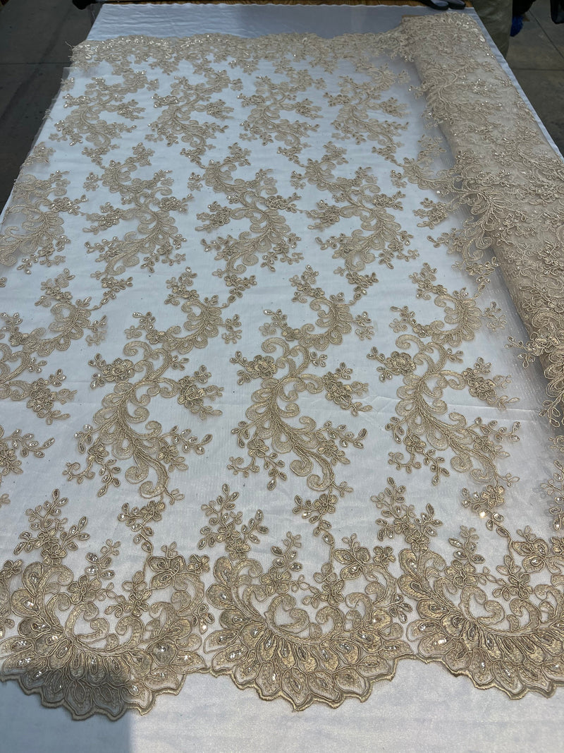 Champagne - Floral Lace Fabric, Embroidery With Sequins on a Mesh Lace Fabric By The Yard For Gown, Wedding-Bridal (Choose The Quantity)