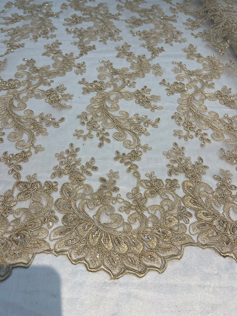 Champagne - Floral Lace Fabric, Embroidery With Sequins on a Mesh Lace Fabric By The Yard For Gown, Wedding-Bridal (Choose The Quantity)