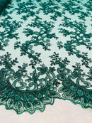 Hunter Green - Floral Lace Fabric, Embroidery With Sequins on a Mesh Lace Fabric By The Yard For Gown, Wedding-Bridal (Choose The Quantity)
