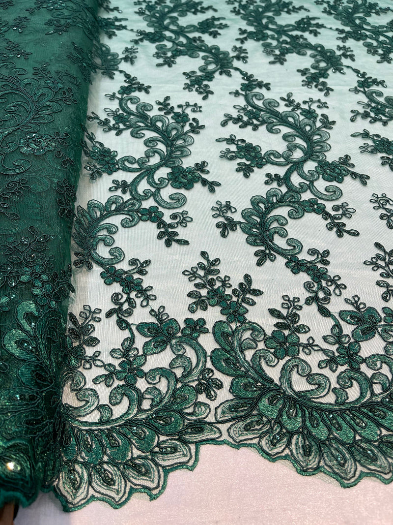 Hunter Green - Floral Lace Fabric, Embroidery With Sequins on a Mesh Lace Fabric By The Yard For Gown, Wedding-Bridal (Choose The Quantity)