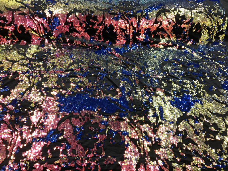 Iridescent Rainbow Sequin on Black Stretch Velvet With Luxury Reversible Sequins Shining Sequins 2-way Stretch 58/60” (Choose The Measure)