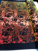 Iridescent Orange Sequin on Black Stretch Velvet With Luxury Reversible Sequins Shining Sequins 2-way Stretch 58/60” (Choose The Measure)